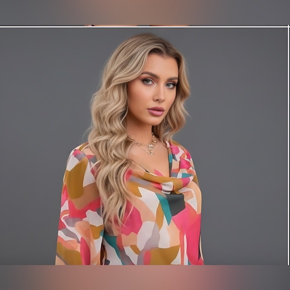 Chiffon Draped Neck Graphic Print Top - Picture 2 of 5